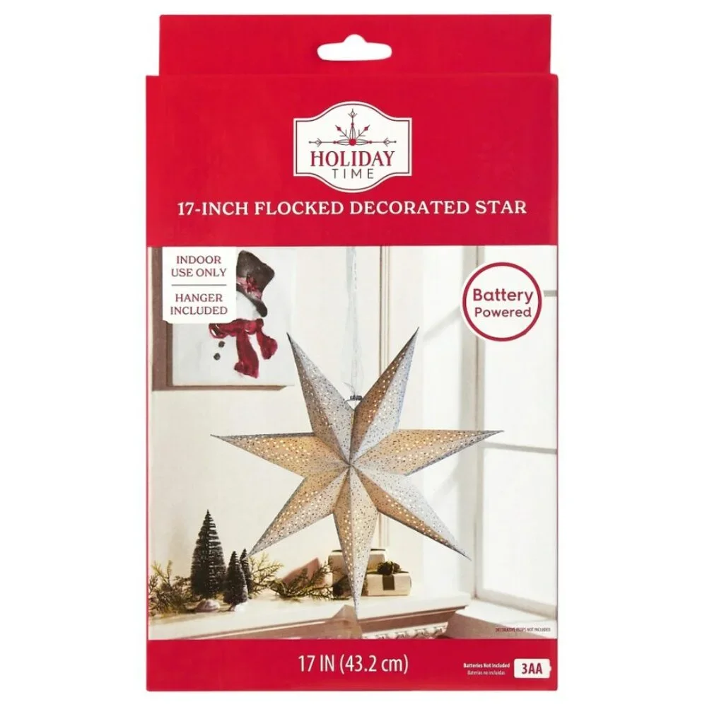 NEW Light Up Battery Operated Flocked Star Christmas Hanging Decoration Decor Ho
